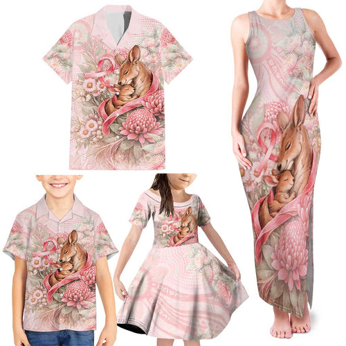 Personalised Breast Cancer Awareness Family Matching Tank Maxi Dress and Hawaiian Shirt Mother Kangaroo And Ribbon Hope