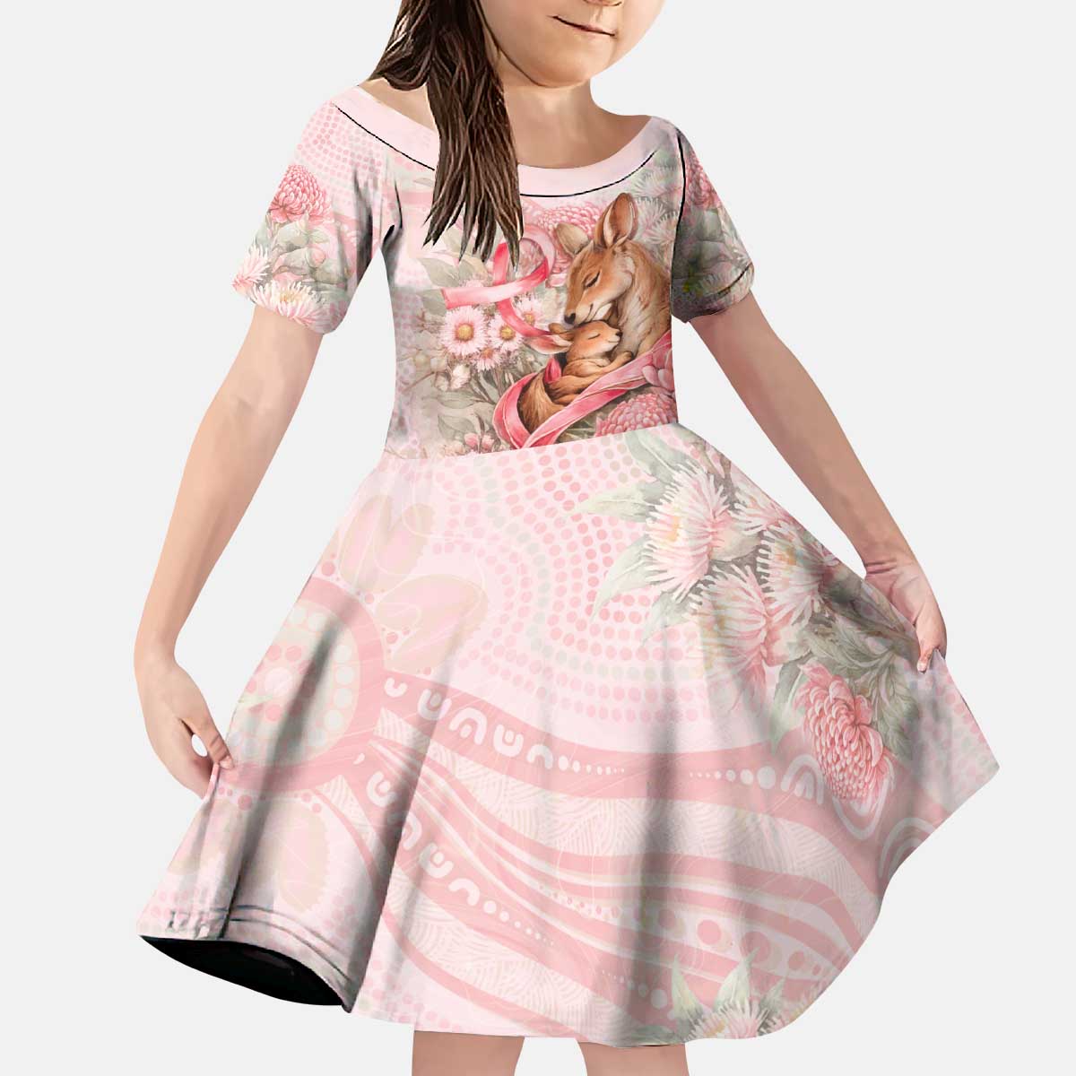Personalised Breast Cancer Awareness Kid Short Sleeve Dress Mother Kangaroo And Ribbon Hope