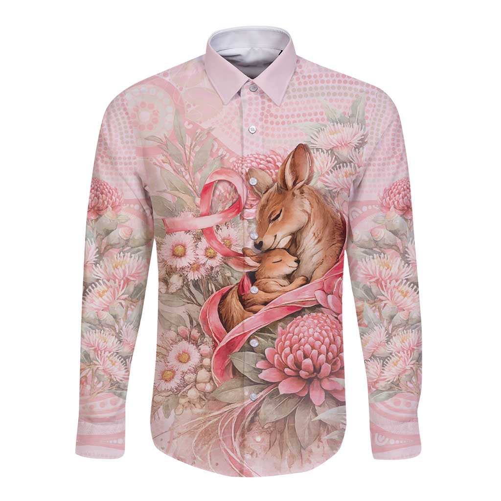 Personalised Breast Cancer Awareness Long Sleeve Button Shirt Mother Kangaroo And Ribbon Hope
