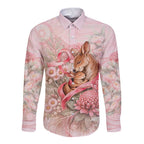 Personalised Breast Cancer Awareness Long Sleeve Button Shirt Mother Kangaroo And Ribbon Hope