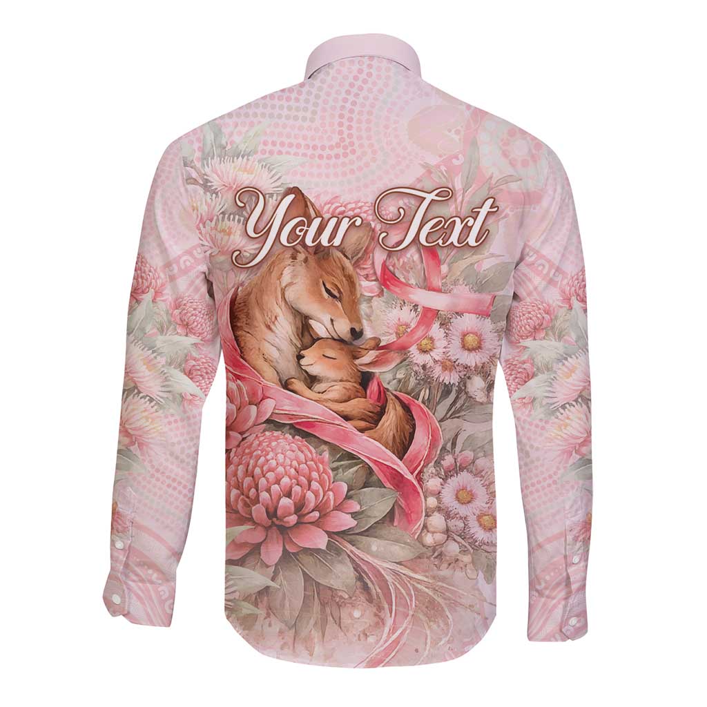 Personalised Breast Cancer Awareness Long Sleeve Button Shirt Mother Kangaroo And Ribbon Hope