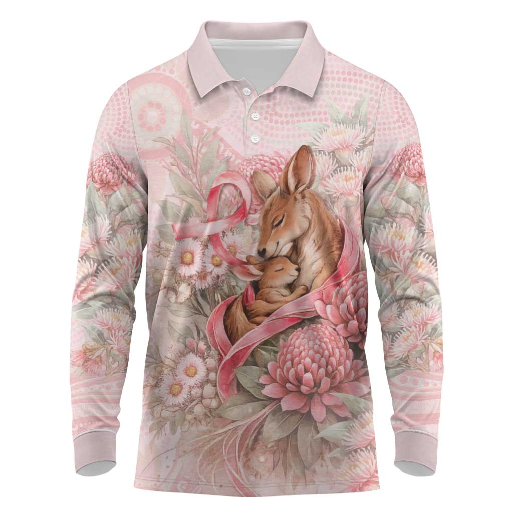 Personalised Breast Cancer Awareness Long Sleeve Polo Shirt Mother Kangaroo And Ribbon Hope