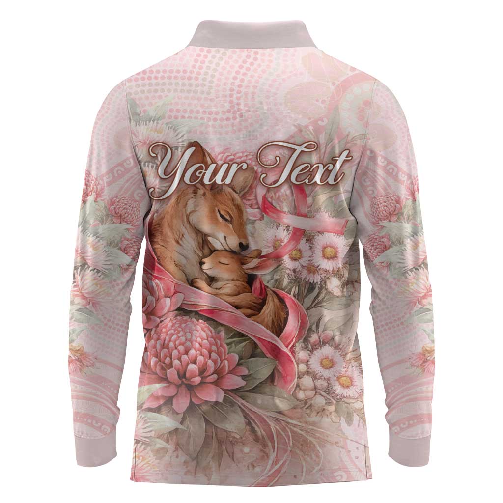 Personalised Breast Cancer Awareness Long Sleeve Polo Shirt Mother Kangaroo And Ribbon Hope