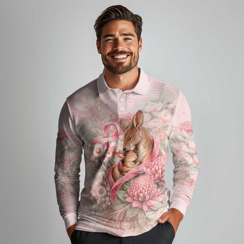 Personalised Breast Cancer Awareness Long Sleeve Polo Shirt Mother Kangaroo And Ribbon Hope