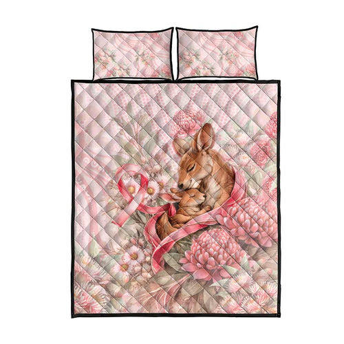 Breast Cancer Awareness Quilt Bed Set Mother Kangaroo And Ribbon Hope