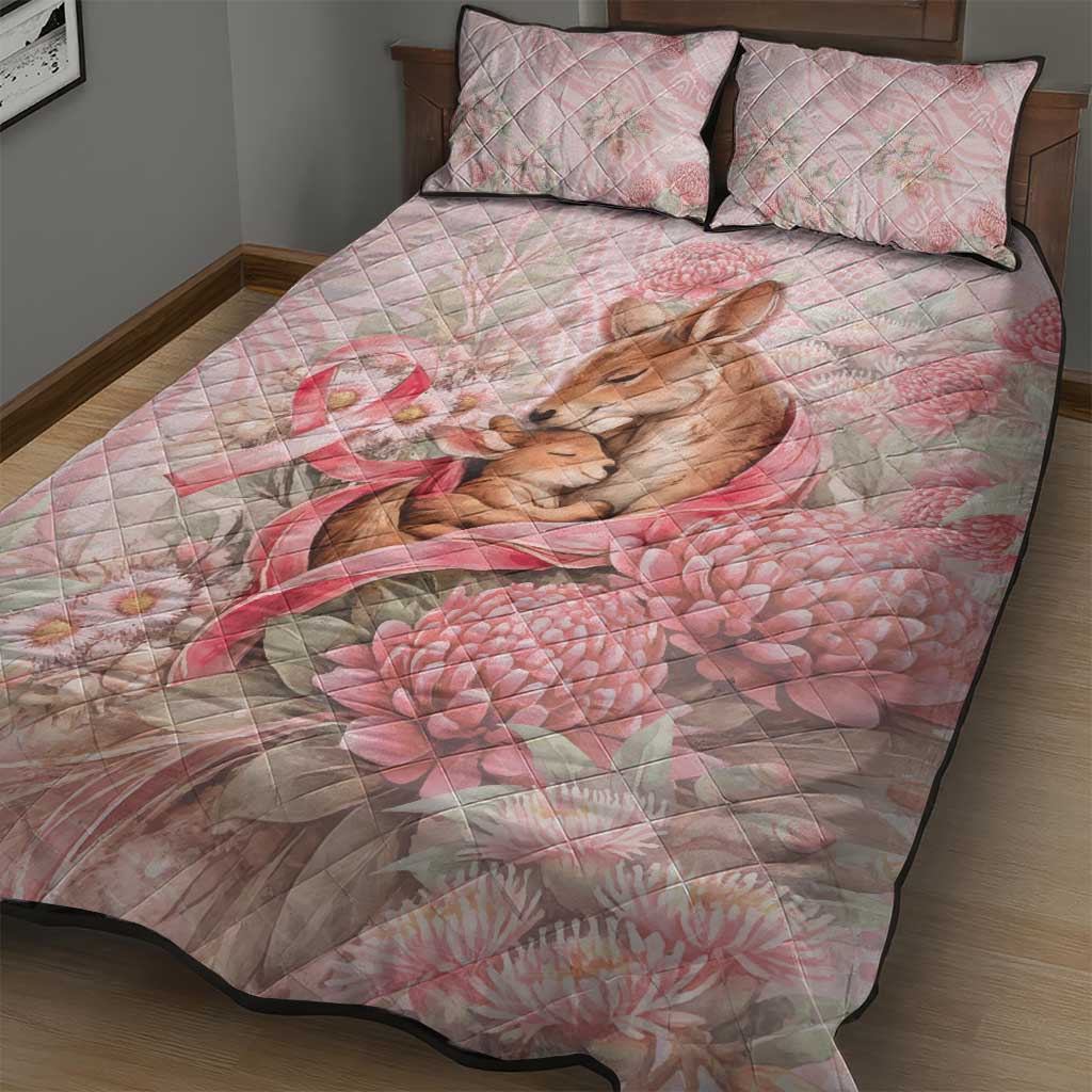 Breast Cancer Awareness Quilt Bed Set Mother Kangaroo And Ribbon Hope