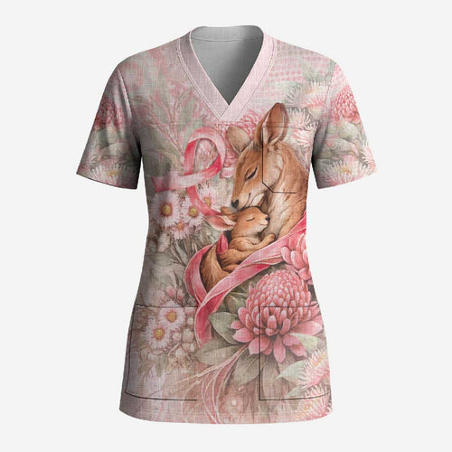 Personalised Breast Cancer Awareness Scrub Top Mother Kangaroo And Ribbon Hope