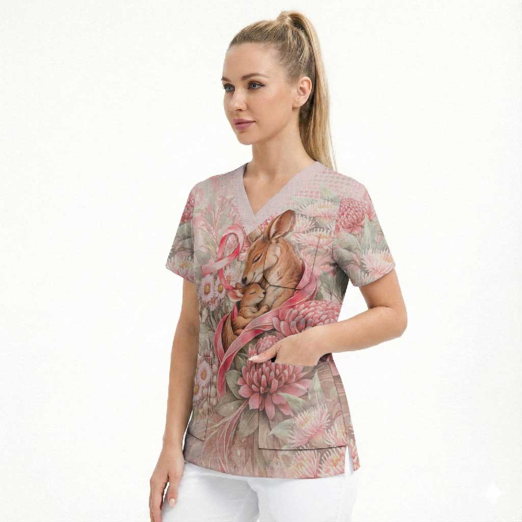 Personalised Breast Cancer Awareness Scrub Top Mother Kangaroo And Ribbon Hope