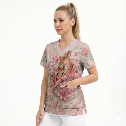 Personalised Breast Cancer Awareness Scrub Top Mother Kangaroo And Ribbon Hope