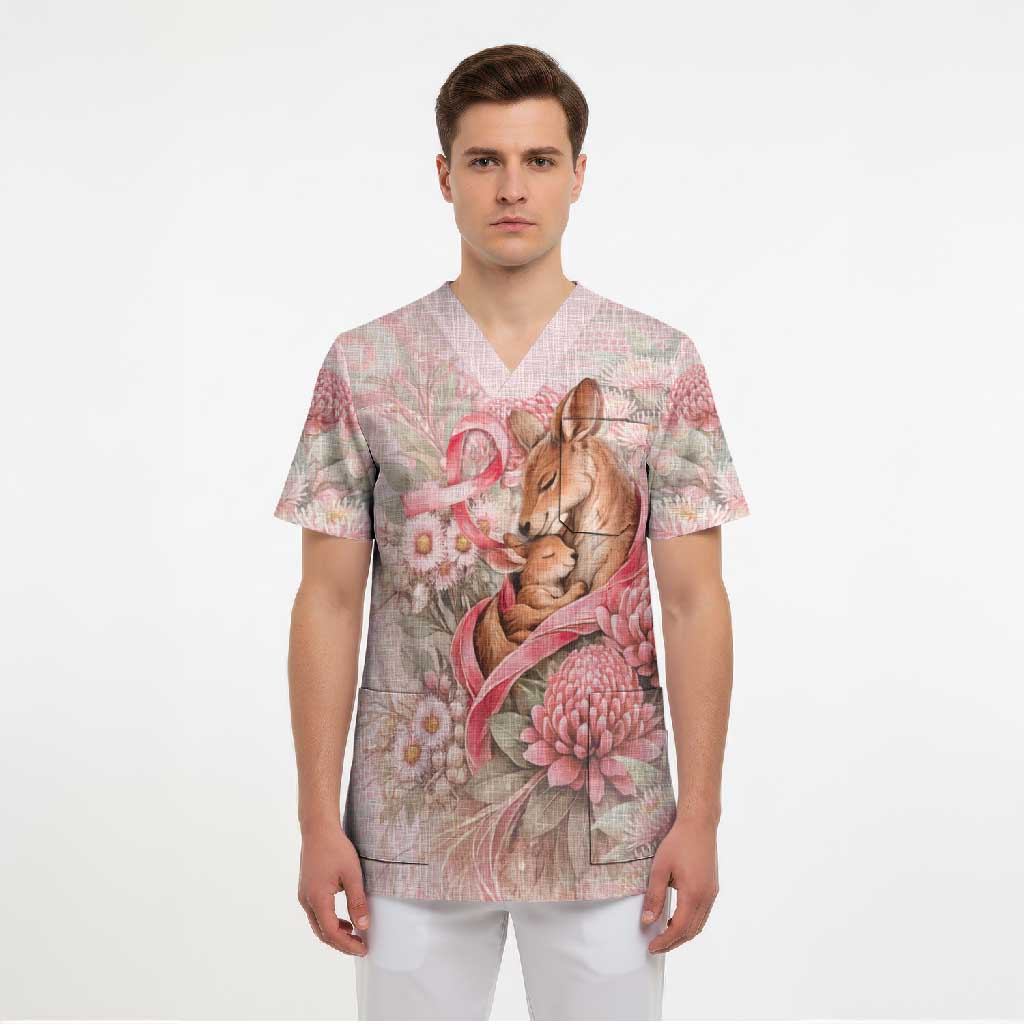 Personalised Breast Cancer Awareness Scrub Top Mother Kangaroo And Ribbon Hope