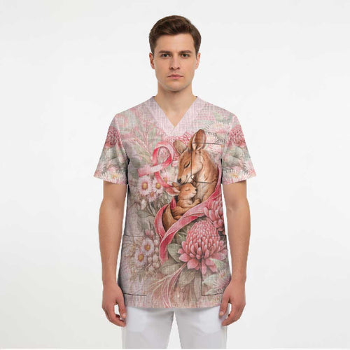 Personalised Breast Cancer Awareness Scrub Top Mother Kangaroo And Ribbon Hope
