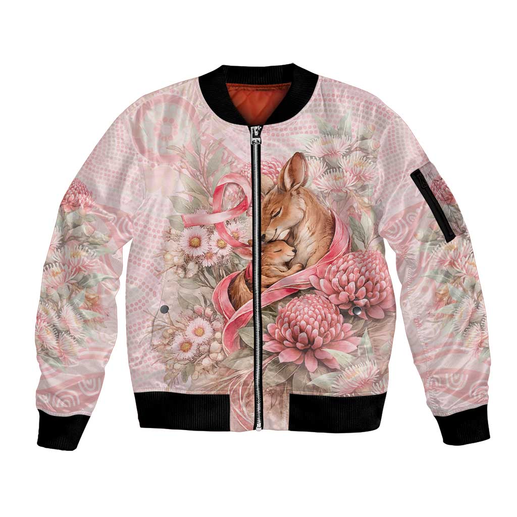 Personalised Breast Cancer Awareness Sleeve Zip Bomber Jacket Mother Kangaroo And Ribbon Hope