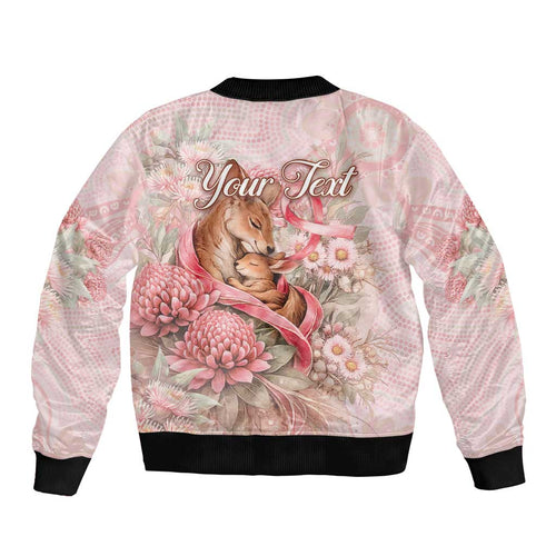 Personalised Breast Cancer Awareness Sleeve Zip Bomber Jacket Mother Kangaroo And Ribbon Hope
