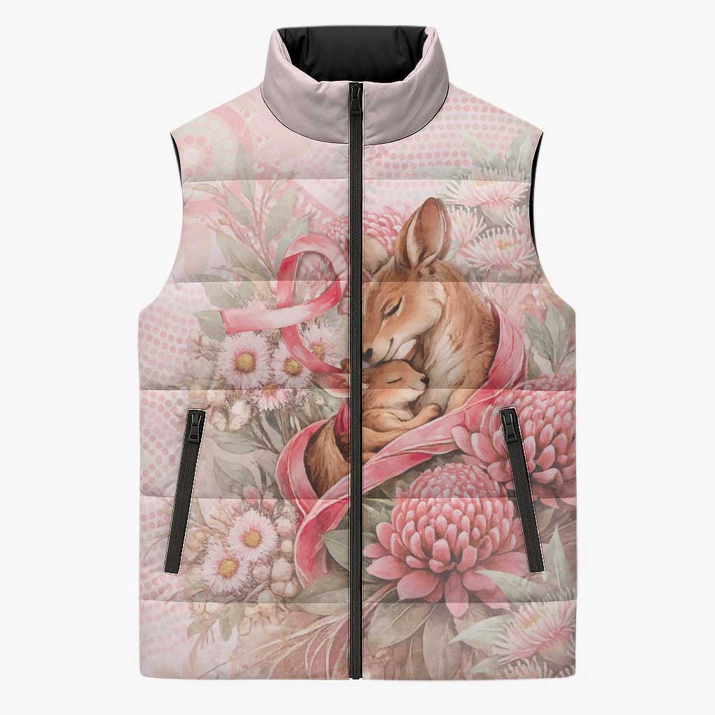 Personalised Breast Cancer Awareness Sleeveless Puffer Jacket Mother Kangaroo And Ribbon Hope