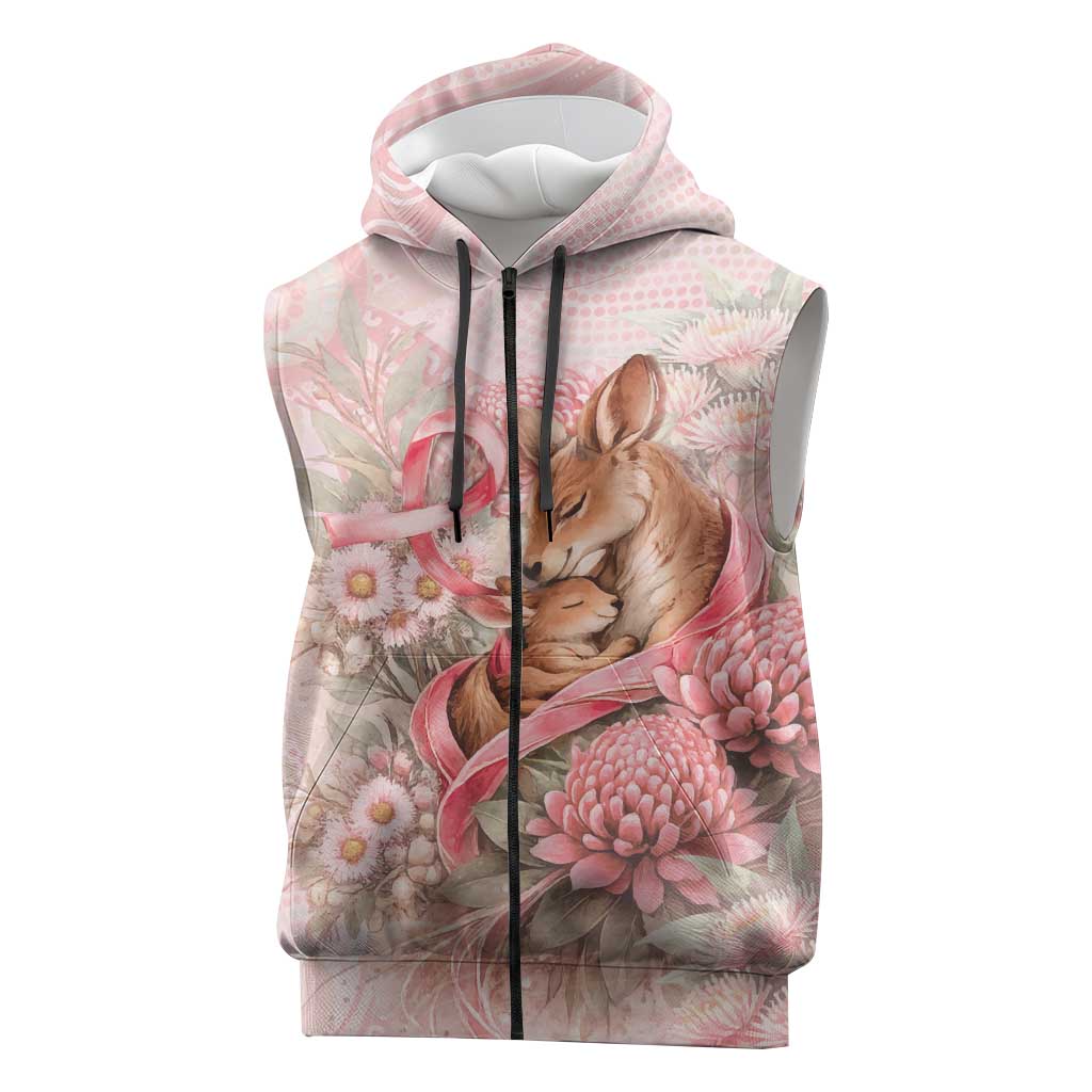 Personalised Breast Cancer Awareness Sleeveless Zip Hoodie Mother Kangaroo And Ribbon Hope