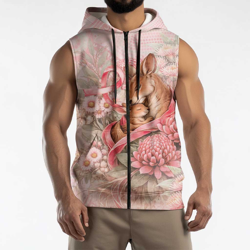 Personalised Breast Cancer Awareness Sleeveless Zip Hoodie Mother Kangaroo And Ribbon Hope