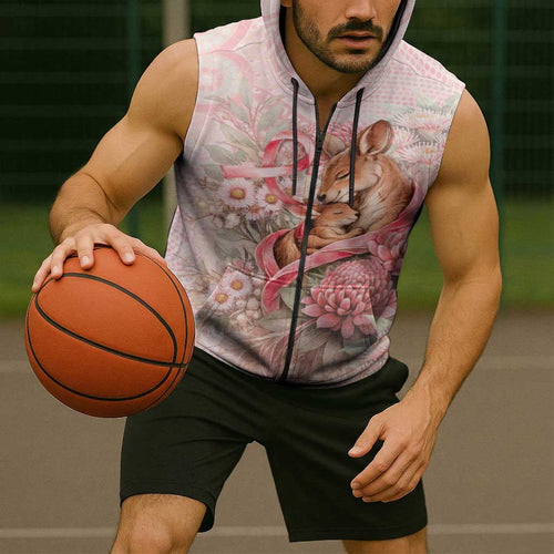 Personalised Breast Cancer Awareness Sleeveless Zip Hoodie Mother Kangaroo And Ribbon Hope