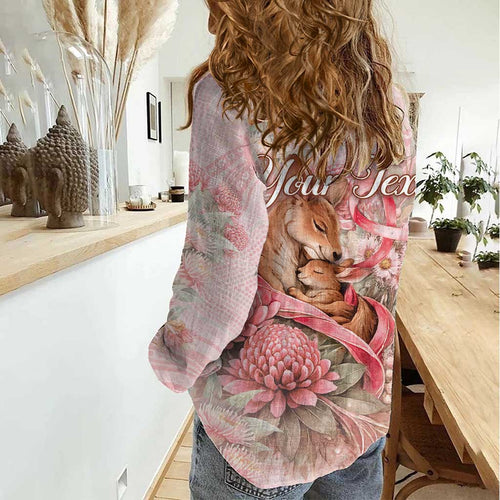 Personalised Breast Cancer Awareness Women Casual Shirt Mother Kangaroo And Ribbon Hope