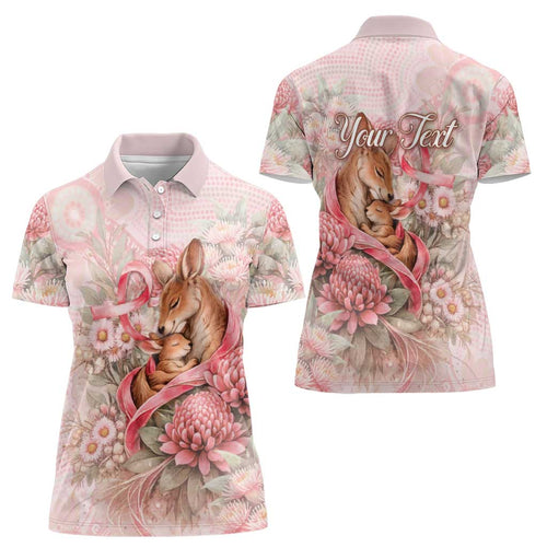 Personalised Breast Cancer Awareness Women Polo Shirt Mother Kangaroo And Ribbon Hope