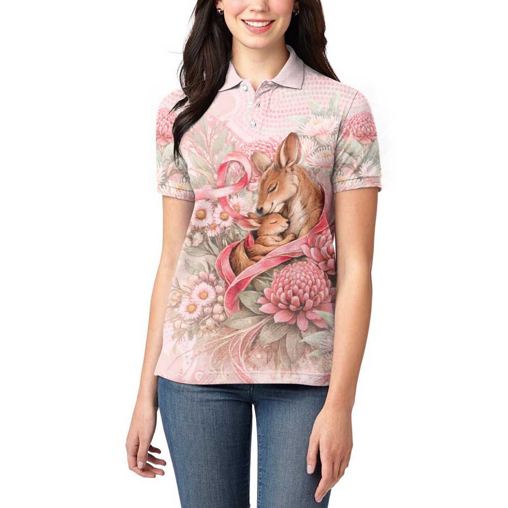 Personalised Breast Cancer Awareness Women Polo Shirt Mother Kangaroo And Ribbon Hope