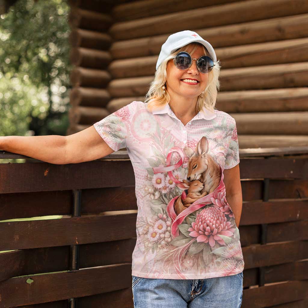 Personalised Breast Cancer Awareness Women Polo Shirt Mother Kangaroo And Ribbon Hope