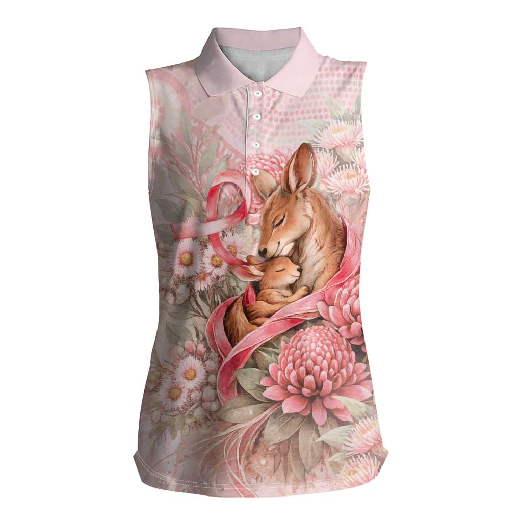 Personalised Breast Cancer Awareness Women Sleeveless Polo Shirt Mother Kangaroo And Ribbon Hope