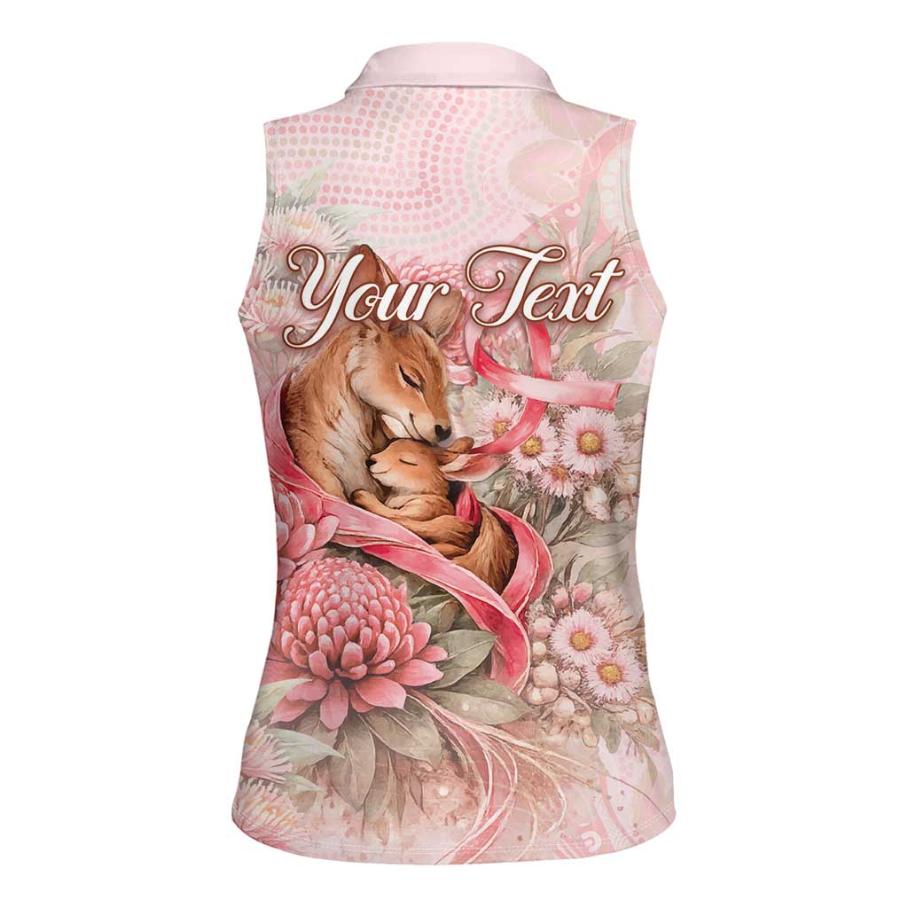 Personalised Breast Cancer Awareness Women Sleeveless Polo Shirt Mother Kangaroo And Ribbon Hope