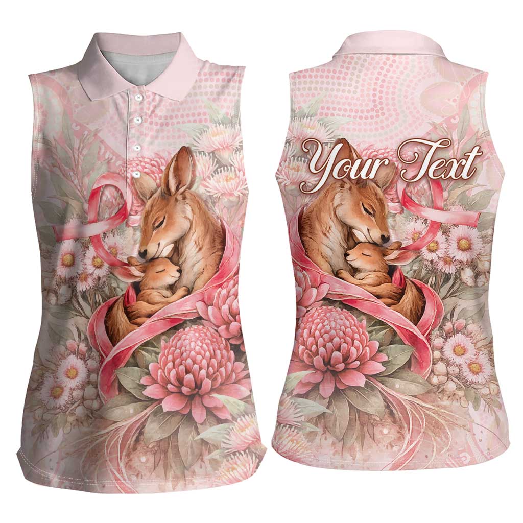 Personalised Breast Cancer Awareness Women Sleeveless Polo Shirt Mother Kangaroo And Ribbon Hope
