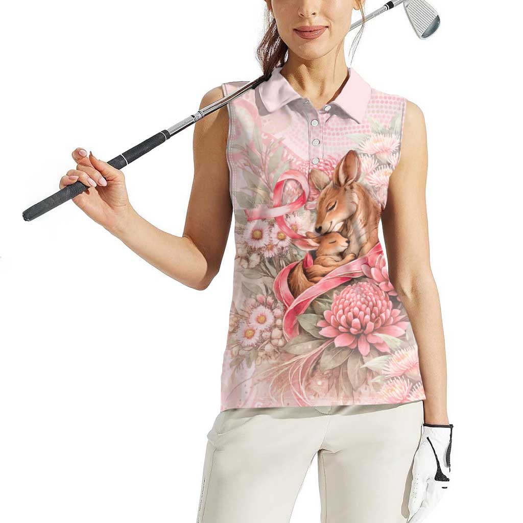 Personalised Breast Cancer Awareness Women Sleeveless Polo Shirt Mother Kangaroo And Ribbon Hope