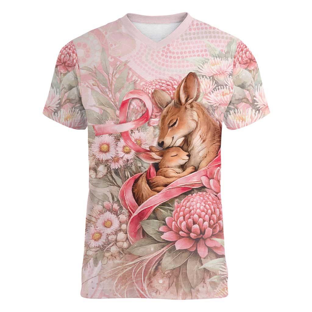 Personalised Breast Cancer Awareness Women V-Neck T-Shirt Mother Kangaroo And Ribbon Hope