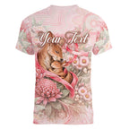 Personalised Breast Cancer Awareness Women V-Neck T-Shirt Mother Kangaroo And Ribbon Hope