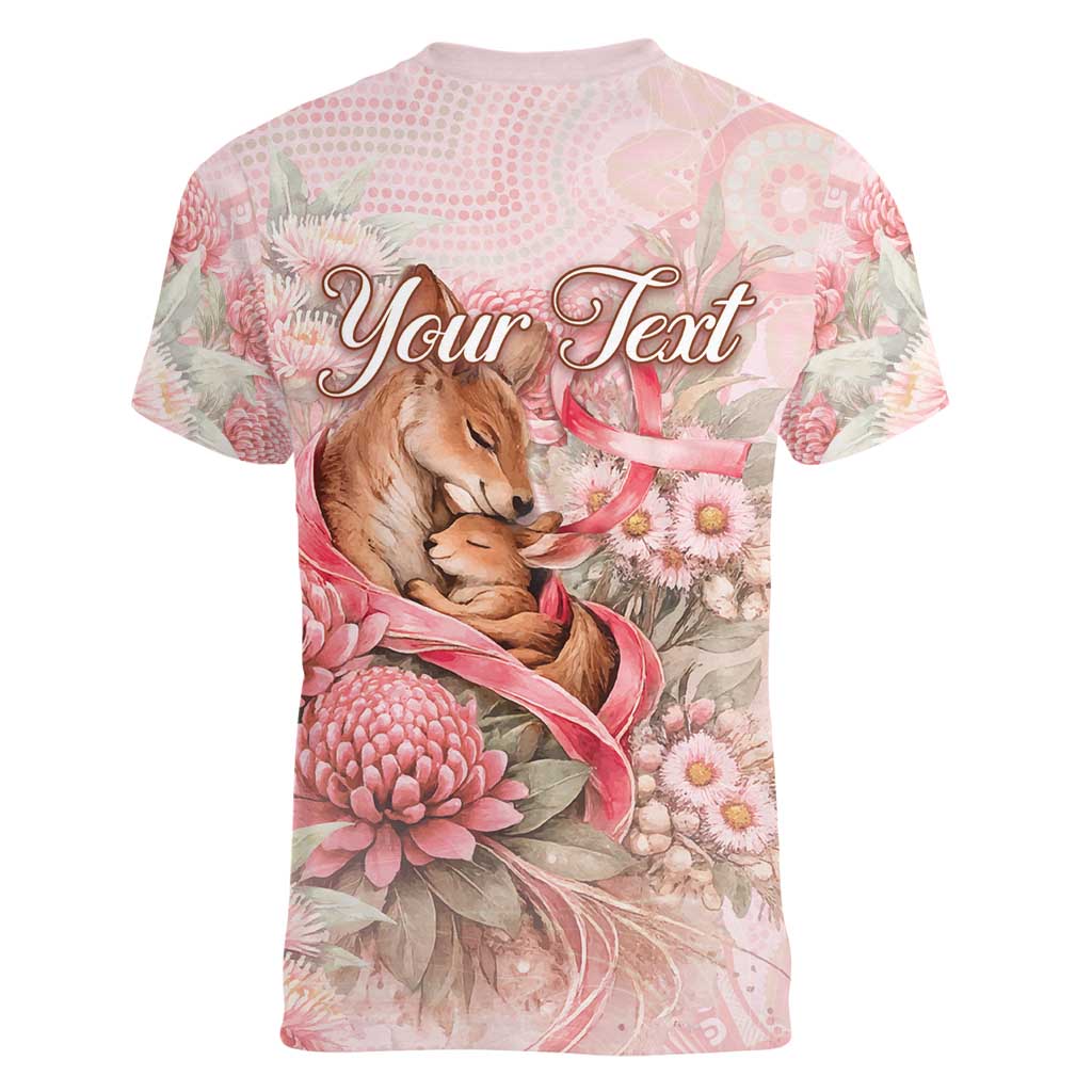 Personalised Breast Cancer Awareness Women V-Neck T-Shirt Mother Kangaroo And Ribbon Hope