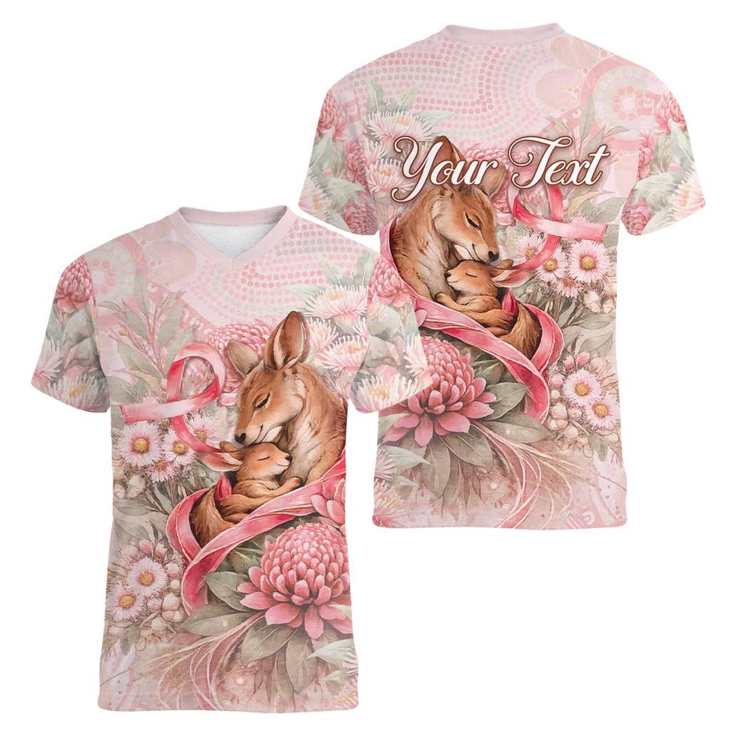 Personalised Breast Cancer Awareness Women V-Neck T-Shirt Mother Kangaroo And Ribbon Hope