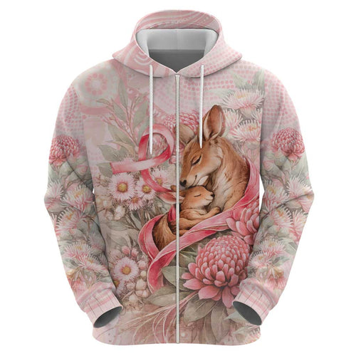 Personalised Breast Cancer Awareness Zip Hoodie Mother Kangaroo And Ribbon Hope