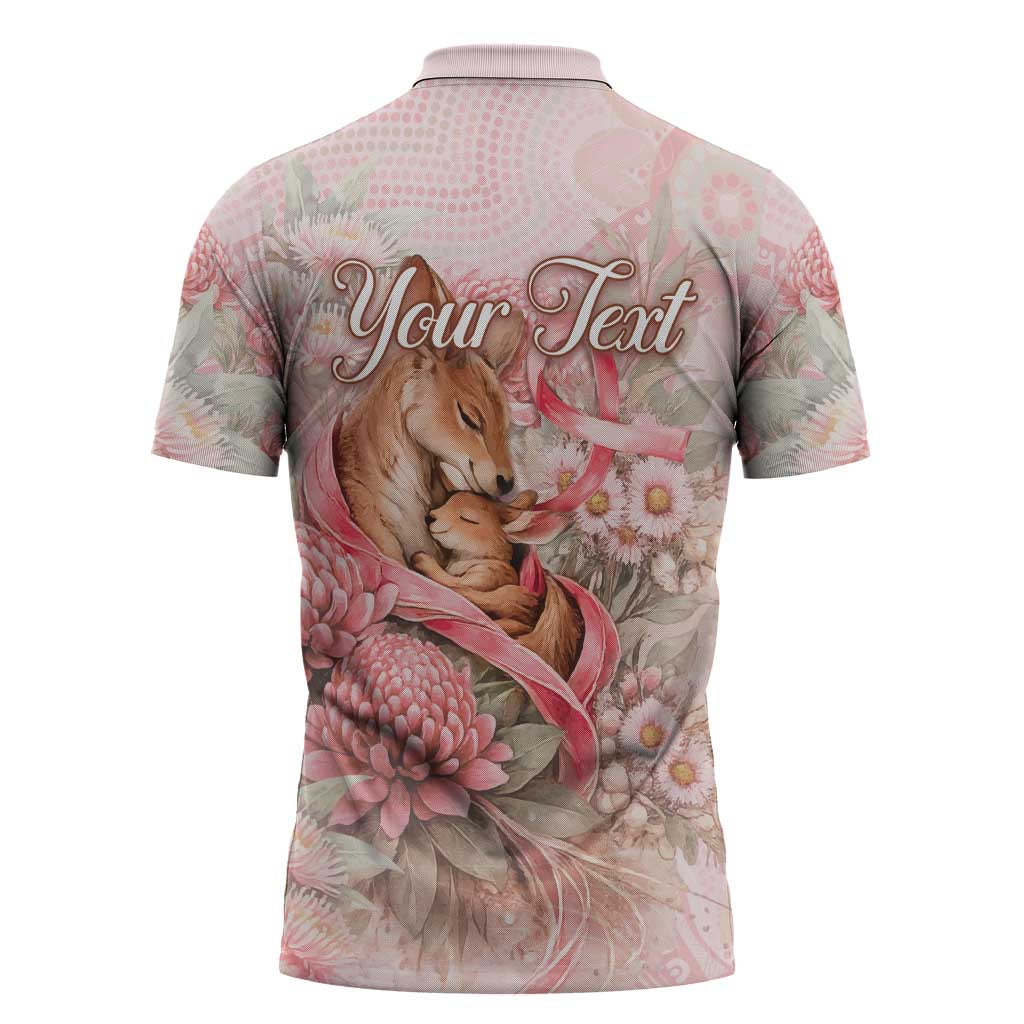 Personalised Breast Cancer Awareness Zipper Polo Shirt Mother Kangaroo And Ribbon Hope