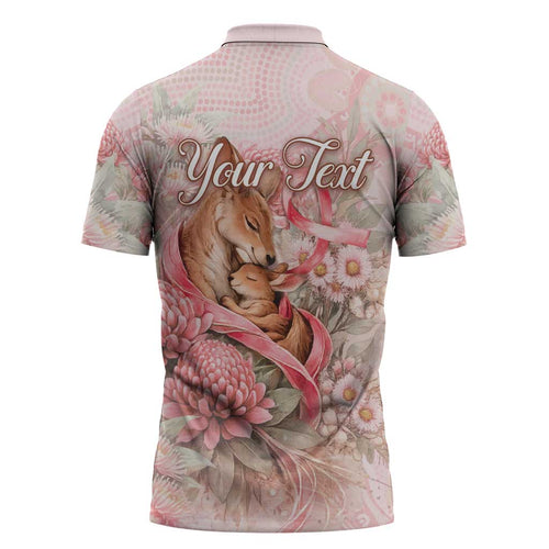 Personalised Breast Cancer Awareness Zipper Polo Shirt Mother Kangaroo And Ribbon Hope