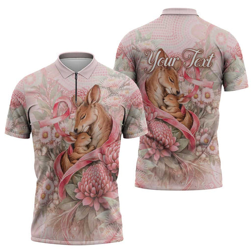 Personalised Breast Cancer Awareness Zipper Polo Shirt Mother Kangaroo And Ribbon Hope