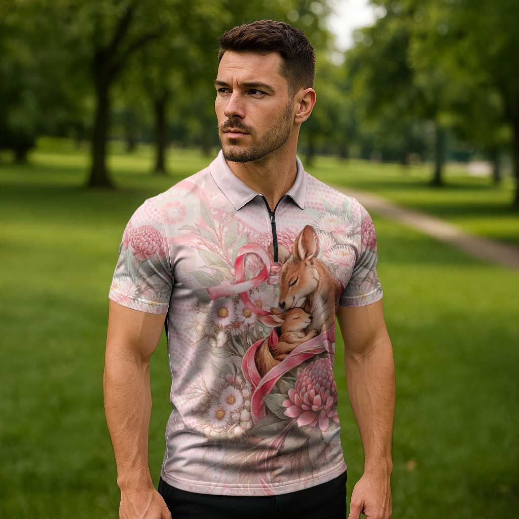 Personalised Breast Cancer Awareness Zipper Polo Shirt Mother Kangaroo And Ribbon Hope