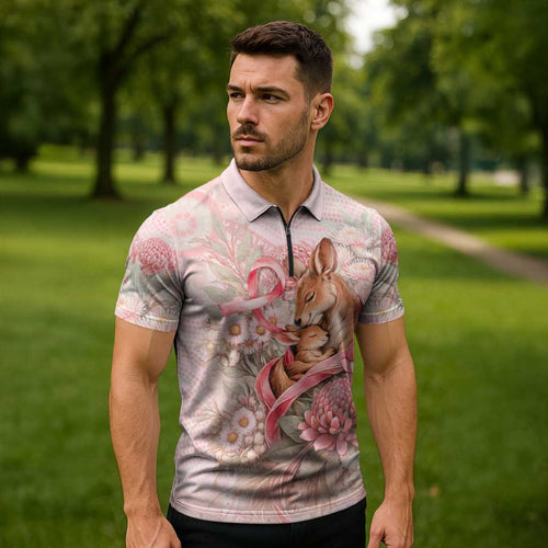 Personalised Breast Cancer Awareness Zipper Polo Shirt Mother Kangaroo And Ribbon Hope