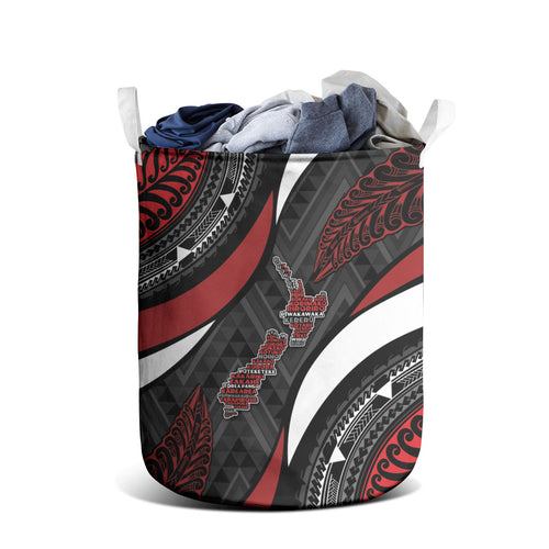 Aotearoa New Zealand Native Birds Map Laundry Basket Silver Fern Tribal Pattern