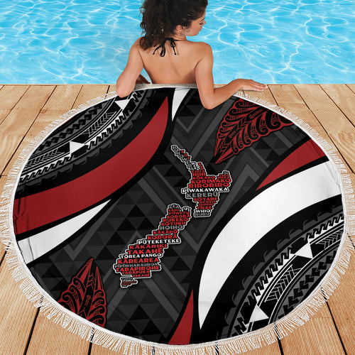 Aotearoa New Zealand Native Birds Map Beach Blanket Silver Fern Tribal Pattern