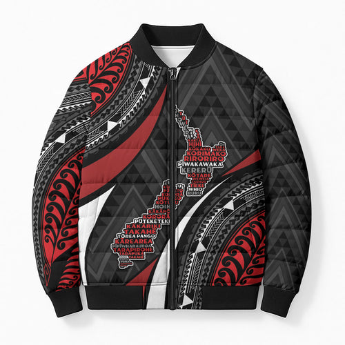 Aotearoa New Zealand Native Birds Map Bomber Puffer Jacket Silver Fern Tribal Pattern