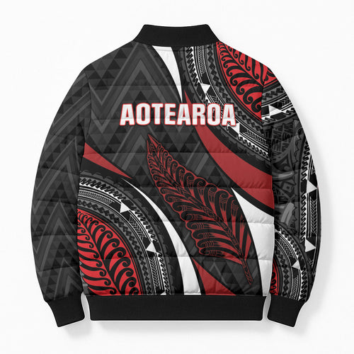 Aotearoa New Zealand Native Birds Map Bomber Puffer Jacket Silver Fern Tribal Pattern