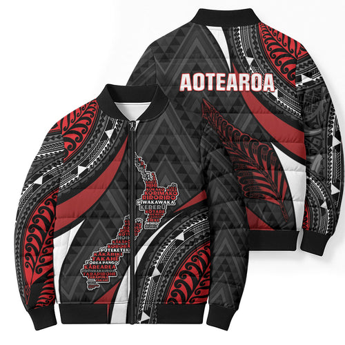 Aotearoa New Zealand Native Birds Map Bomber Puffer Jacket Silver Fern Tribal Pattern