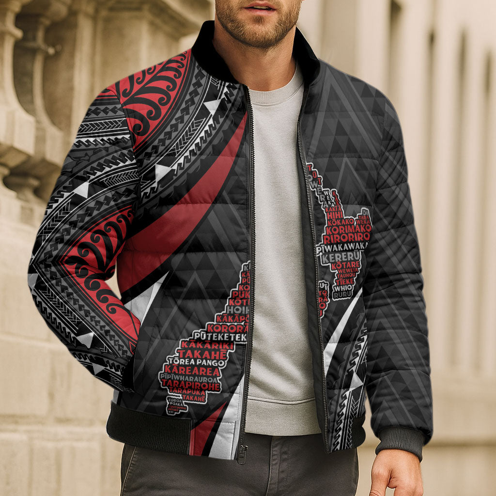 Aotearoa New Zealand Native Birds Map Bomber Puffer Jacket Silver Fern Tribal Pattern