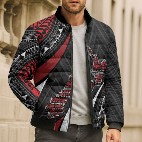 Aotearoa New Zealand Native Birds Map Bomber Puffer Jacket Silver Fern Tribal Pattern