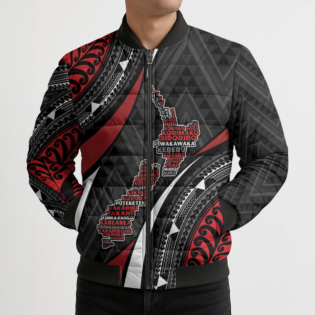Aotearoa New Zealand Native Birds Map Bomber Puffer Jacket Silver Fern Tribal Pattern