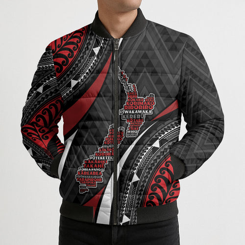Aotearoa New Zealand Native Birds Map Bomber Puffer Jacket Silver Fern Tribal Pattern