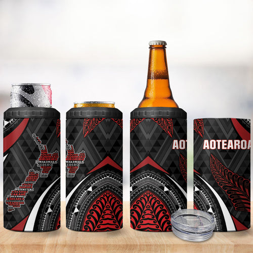 Aotearoa New Zealand Native Birds Map 4 in 1 Can Cooler Tumbler Silver Fern Tribal Pattern