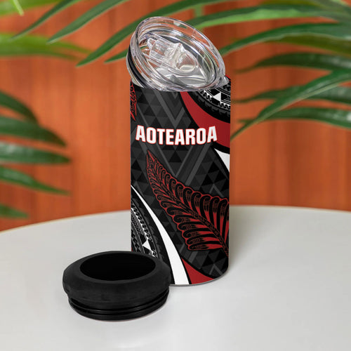 Aotearoa New Zealand Native Birds Map 4 in 1 Can Cooler Tumbler Silver Fern Tribal Pattern